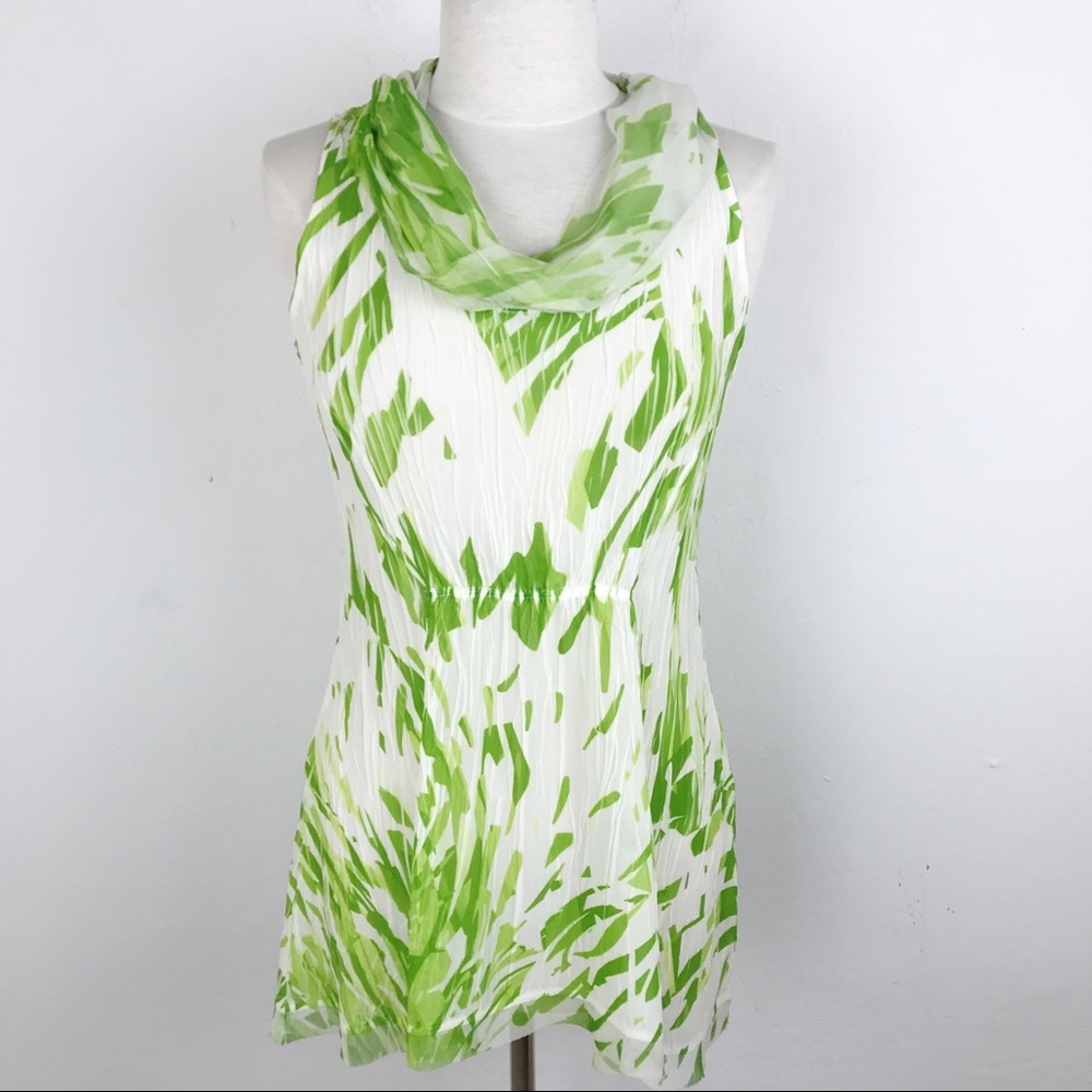 Komarov Green Crinkled Cowel Neck Tank Blouse Sm